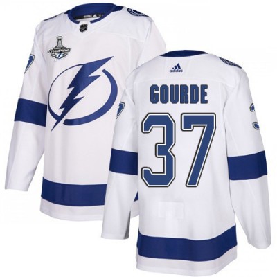Adidas Tampa Bay Lightning #37 Yanni Gourde White Road Authentic 2020 Stanley Cup Champions Stitched NHL Jersey